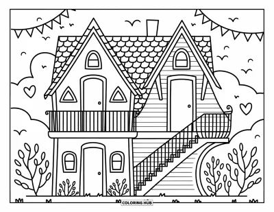 Haunted House Coloring Page for Adults: Charming crooked house with spiral steps, twisty shrubs, and whimsical charm