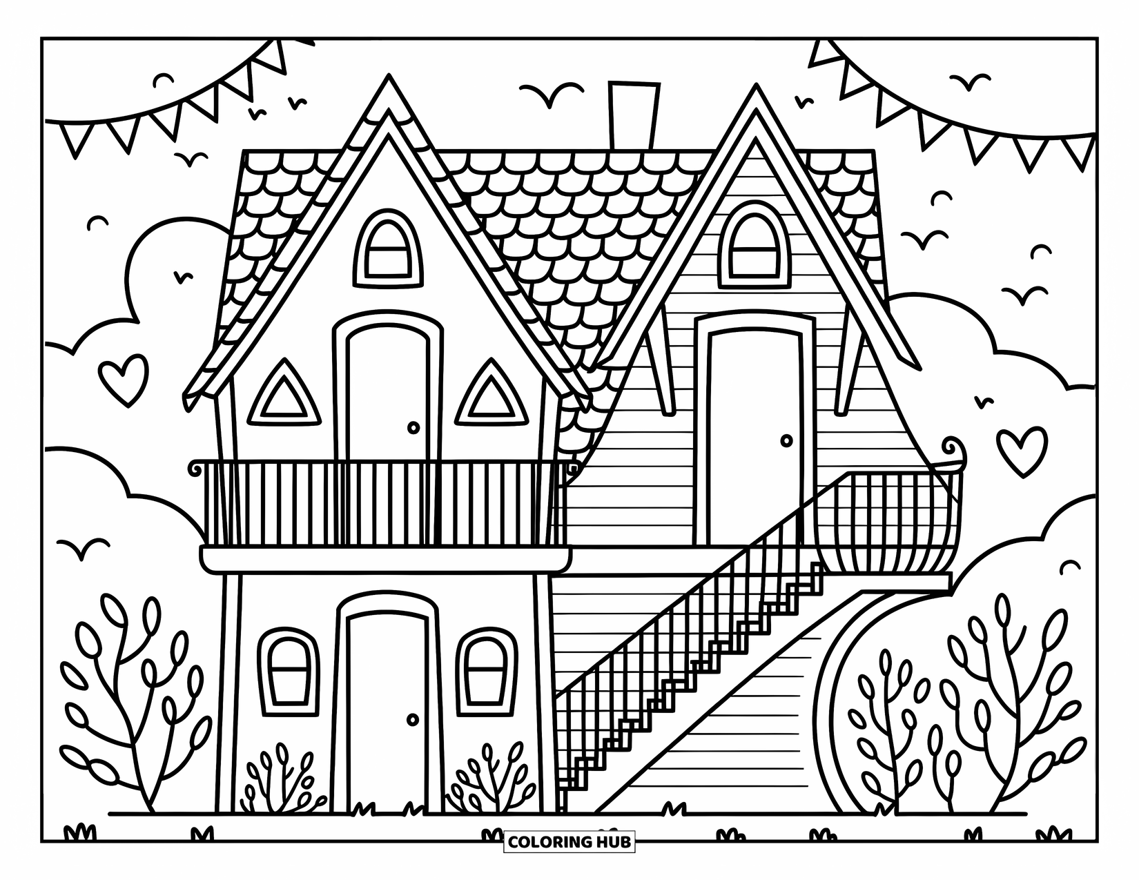 Haunted House Coloring Page for Adults: Charming crooked house with spiral steps, twisty shrubs, and whimsical charm