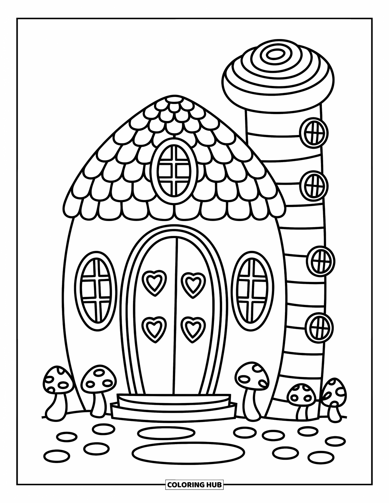 Haunted House Coloring Page for Adults: Compact haunted house with spiral roof, big keyholes, and soft curves