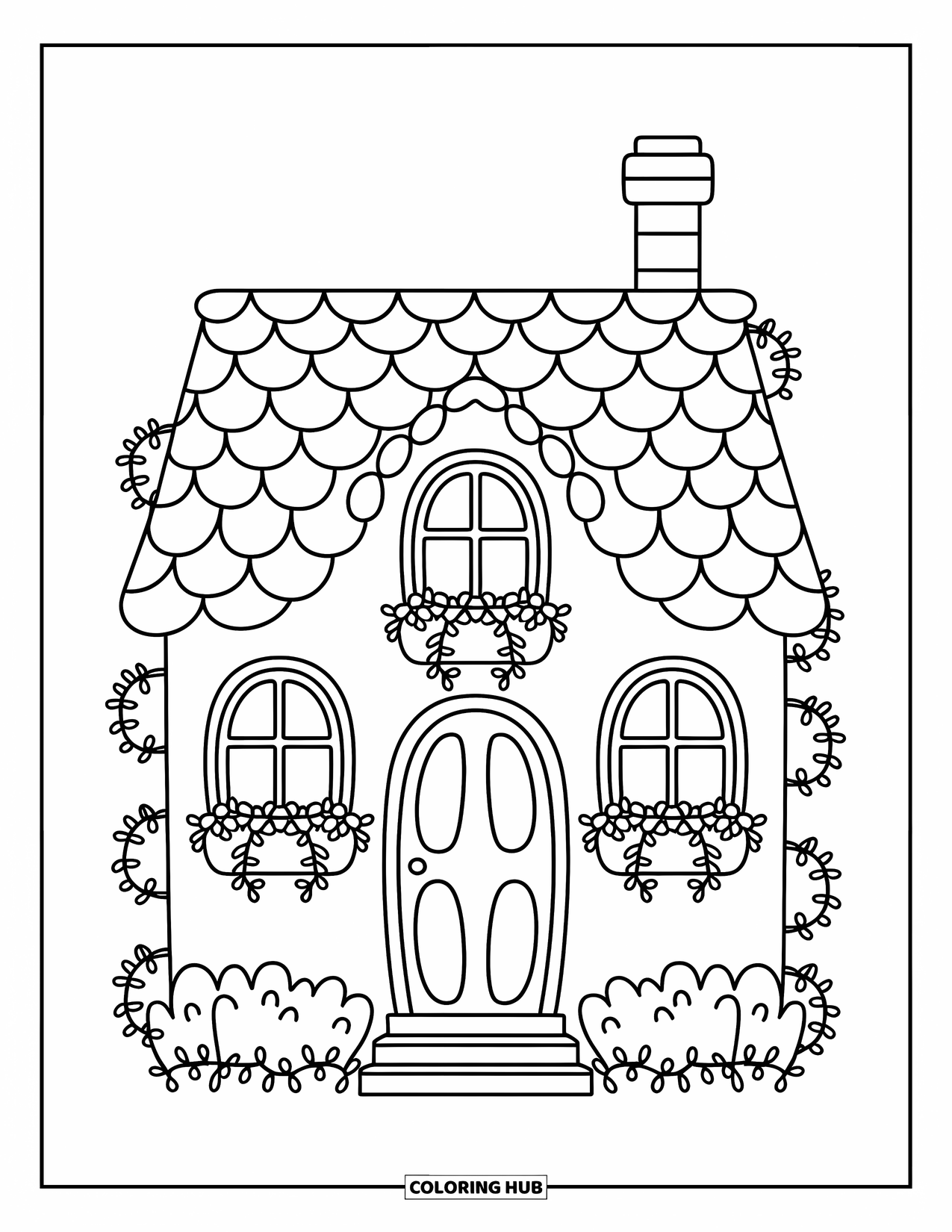 Haunted House Coloring Page for Adults: Cottage with candy-cane chimney, twisted vines, and a puffed rooftop