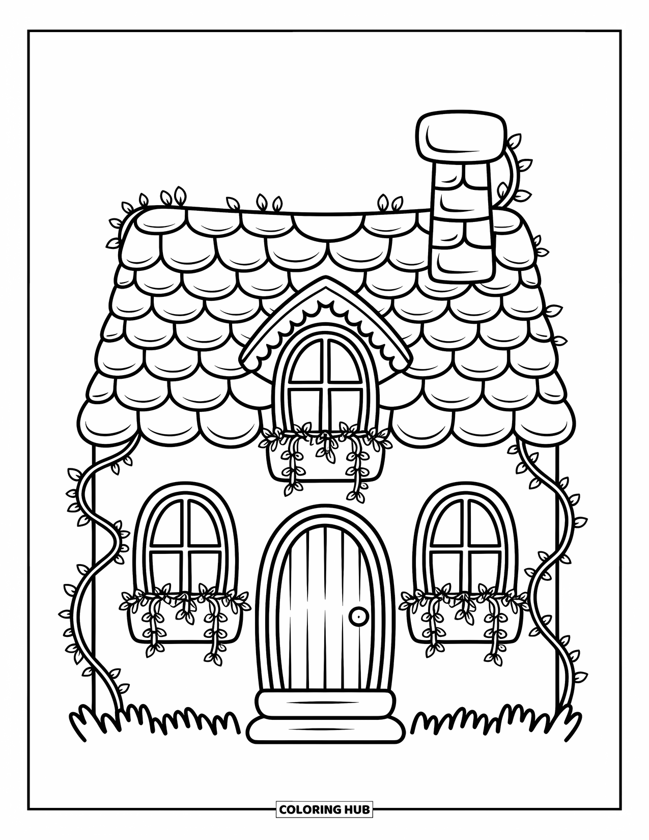 Haunted House Coloring Page for Adults: Cute haunted cottage with ivy vines, layered roof, and rounded doorway