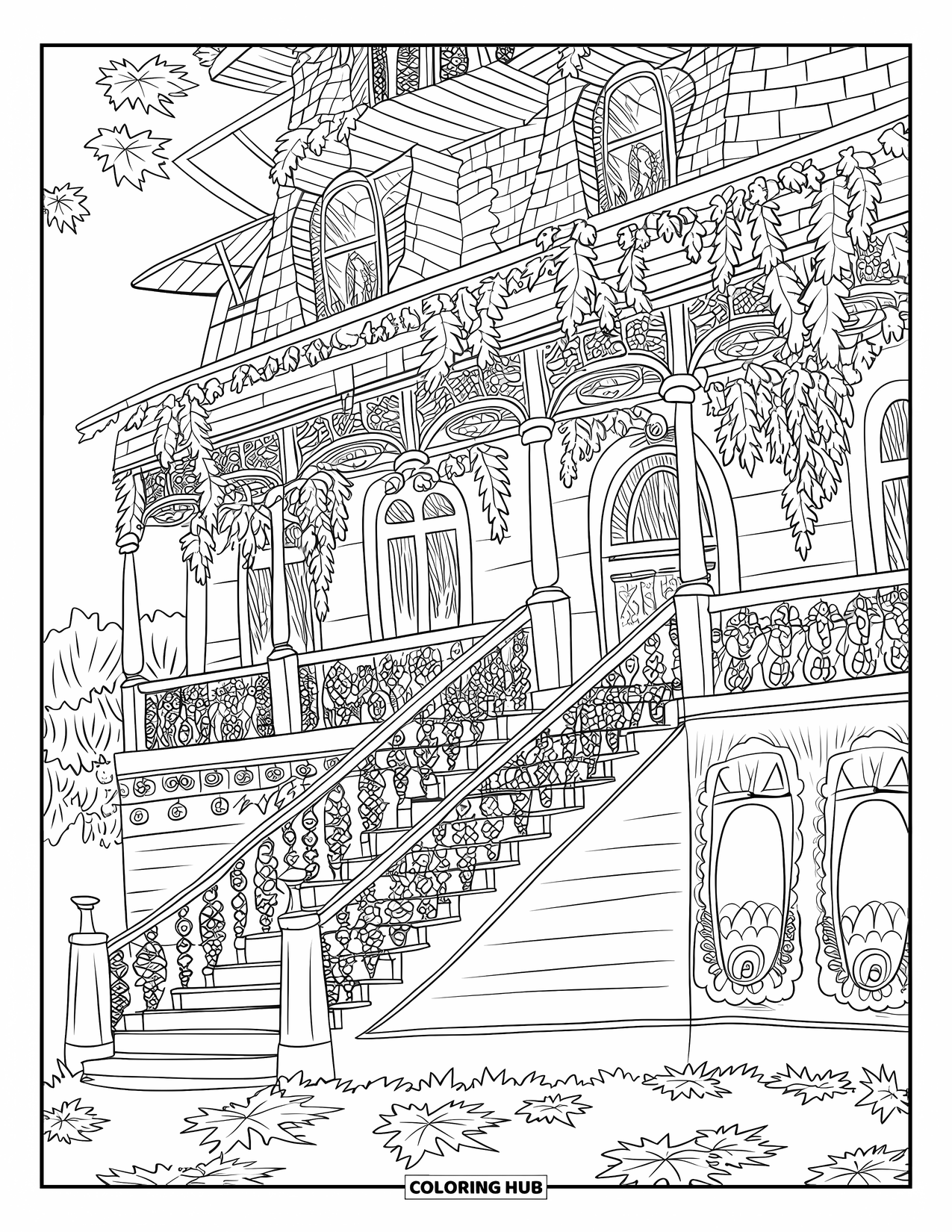 Haunted House Coloring Page for Adults: Detailed haunted house with lace-like trim, wood carvings, and autumn leaves