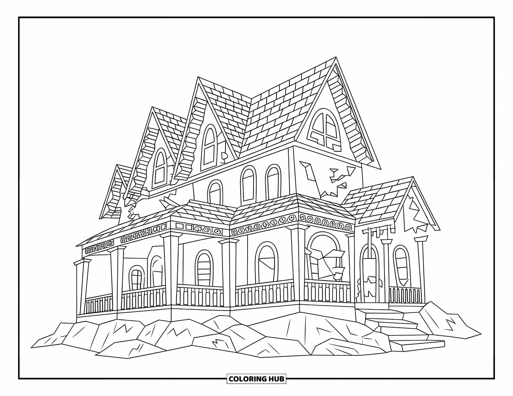 Haunted House Coloring Page for Adults: Haunted house with arched gables and broken windows on rocky ground