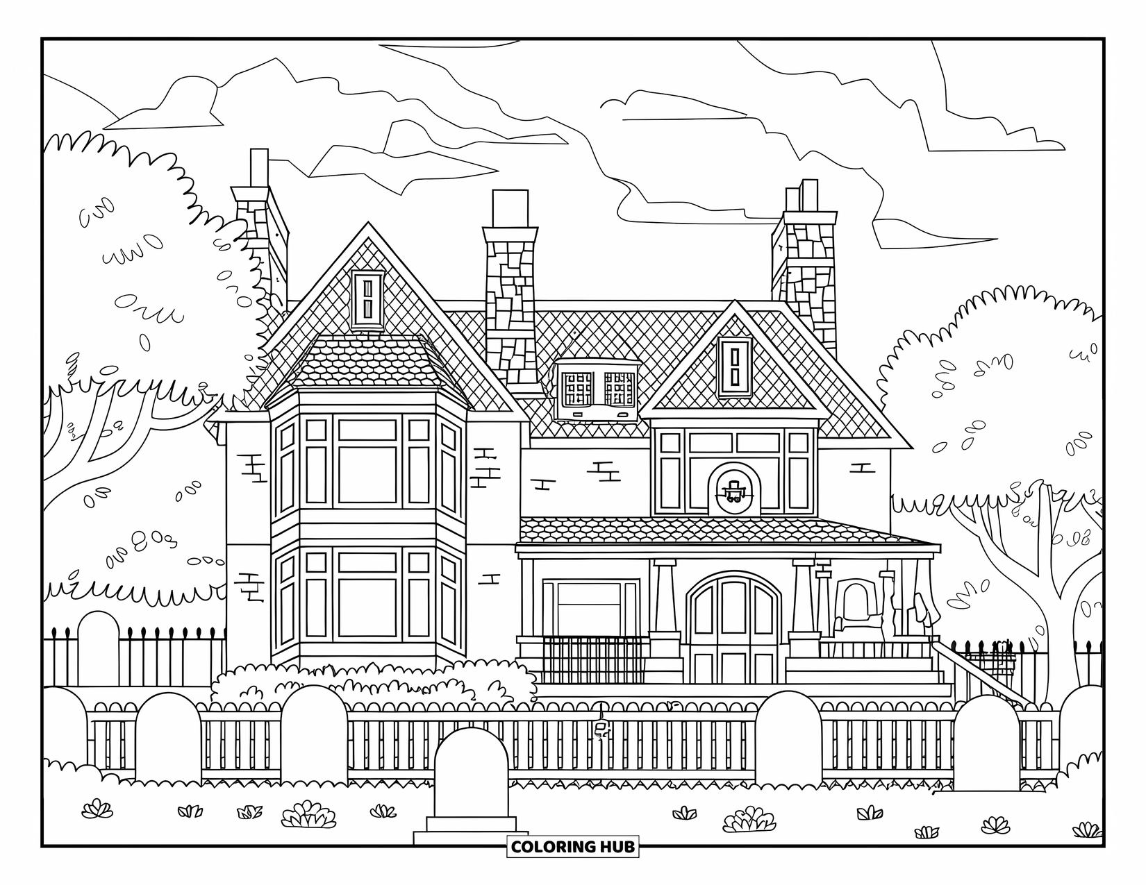 Haunted House Coloring Page for Adults: Mansion-style haunted house with tombstones, bay windows, and a steep roof