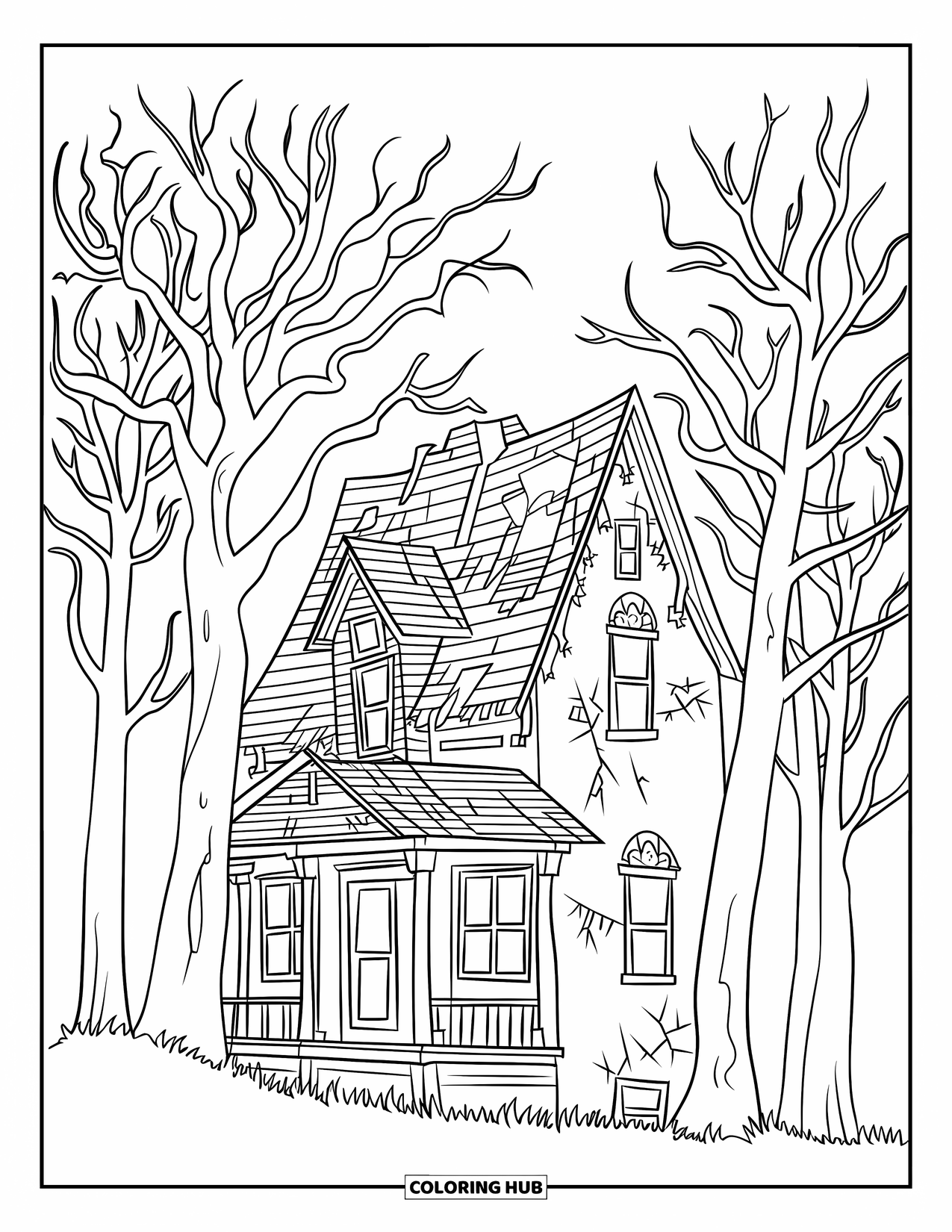 Haunted House Coloring Page for Adults: Narrow haunted house surrounded by bare trees and grassy yard