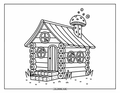 Haunted House Coloring Page for Adults: Playful log cabin with a creaky porch, round windows, and snowy tree-lined view