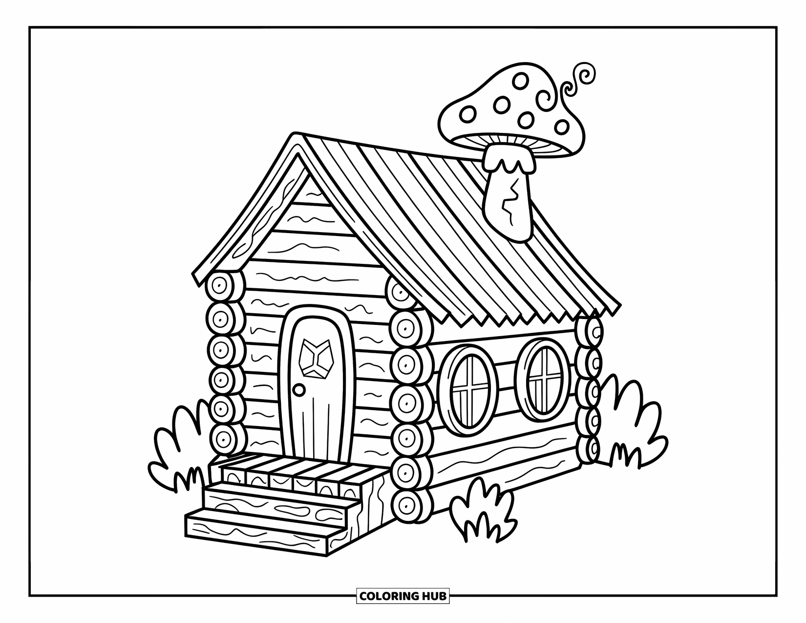 Haunted House Coloring Page for Adults: Stacked-log cabin with a leaning porch, mushroom chimney, and soft curling smoke