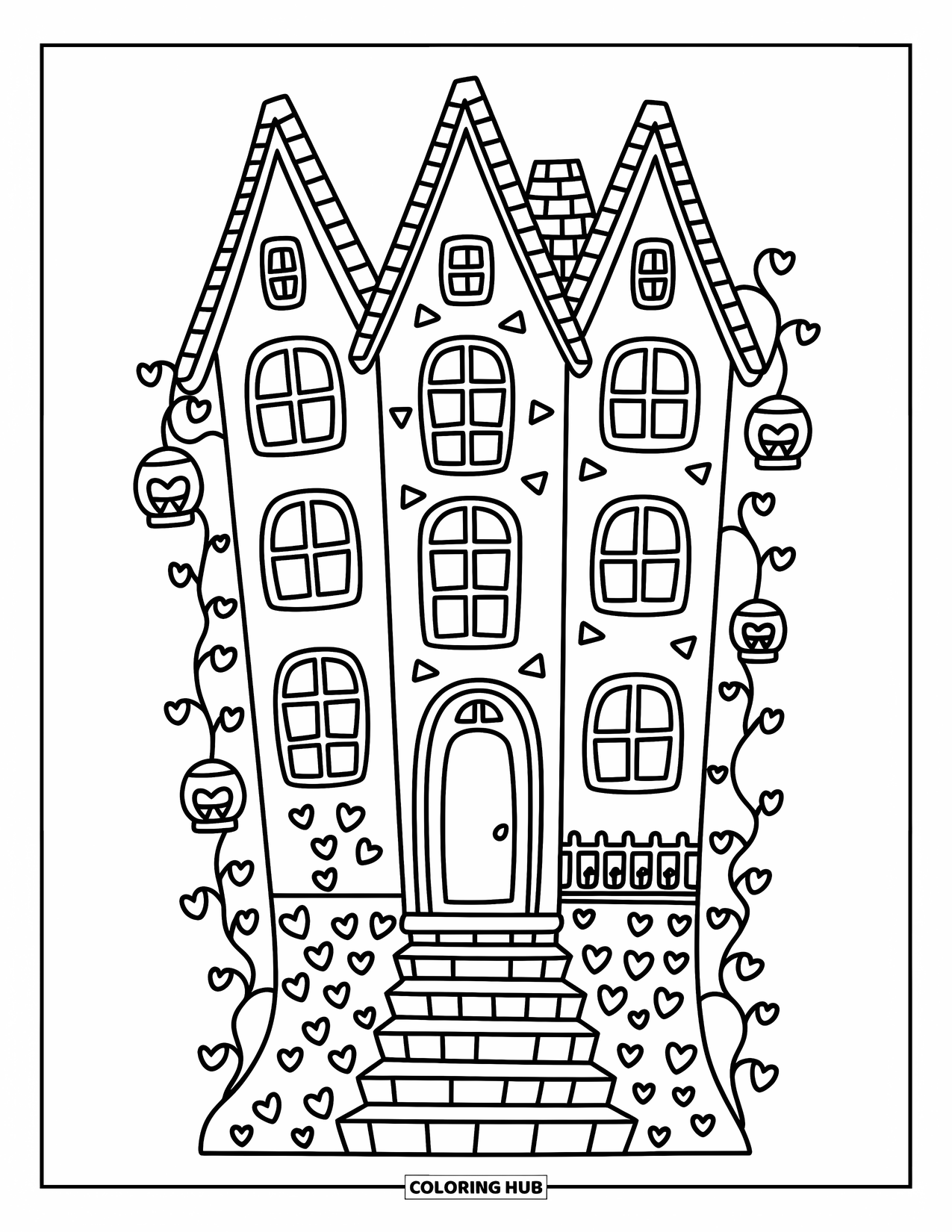 Haunted House Coloring Page for Adults: Stacked-roof haunted house with heart-shaped vines and whimsical balcony rail
