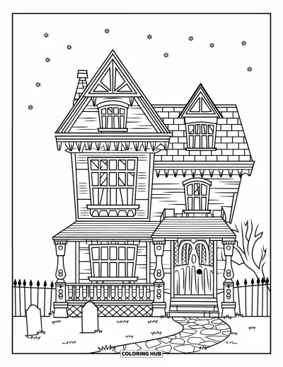 Haunted House Coloring Page for Adults: Three-story spooky house with tombstones, a fence, and a pointy roof