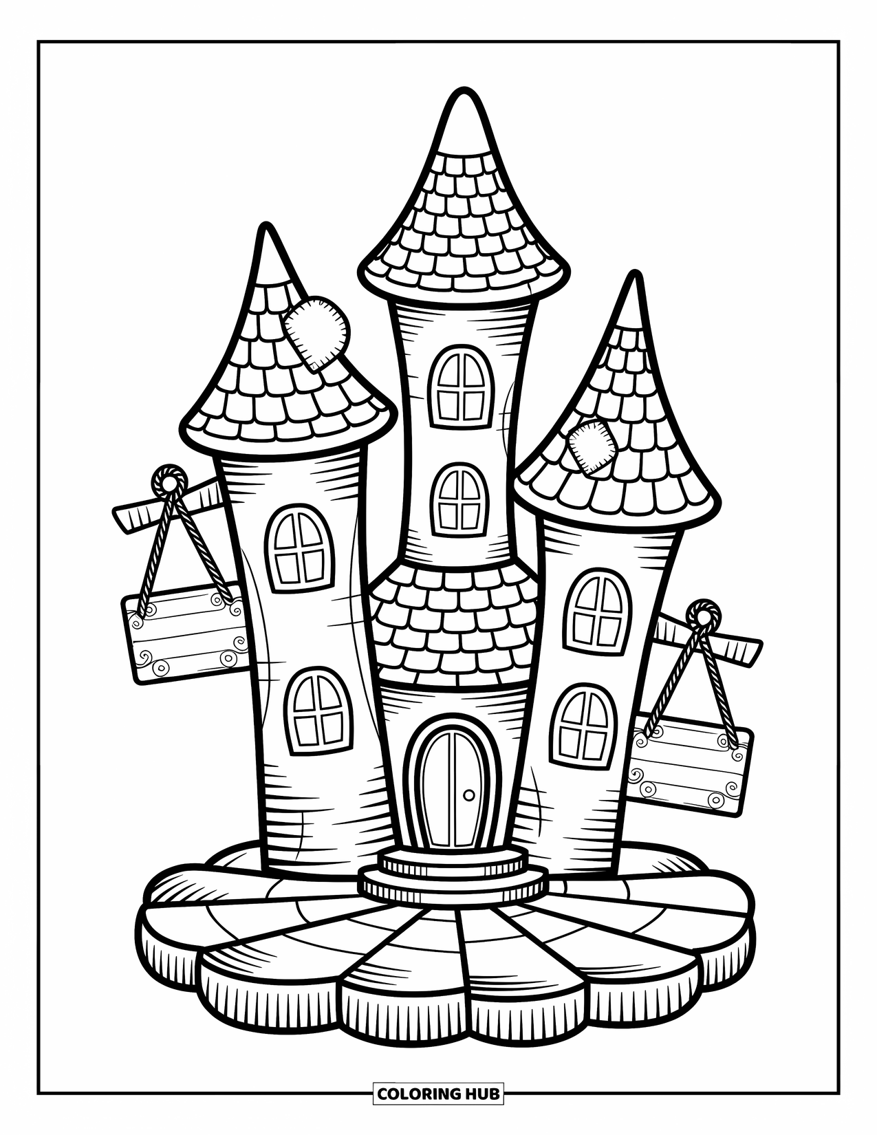 Haunted House Coloring Page for Adults: Three-tower haunted house with cracked cobblestones and swirling roof tiles