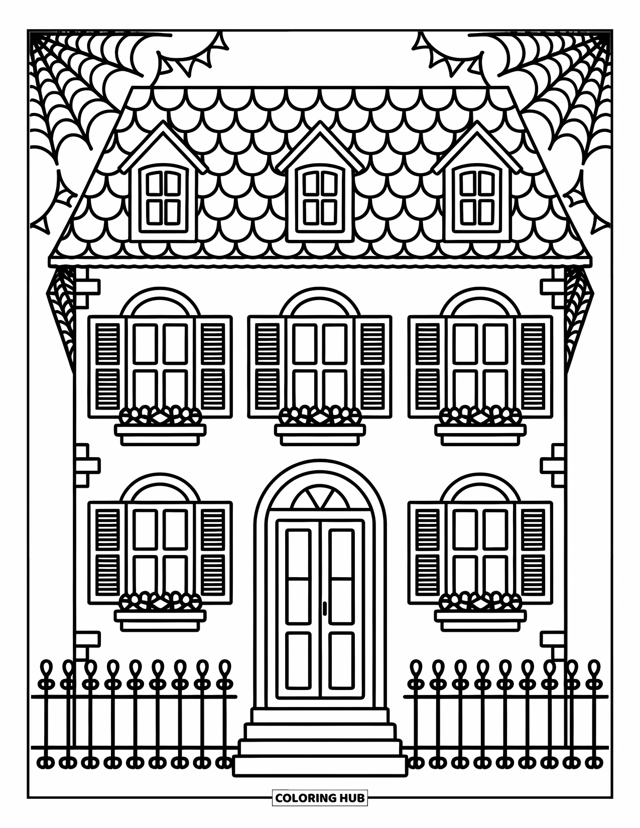 Haunted House Coloring Page for Adults: Tidy haunted manor with scalloped roof tiles and mini swirling fences