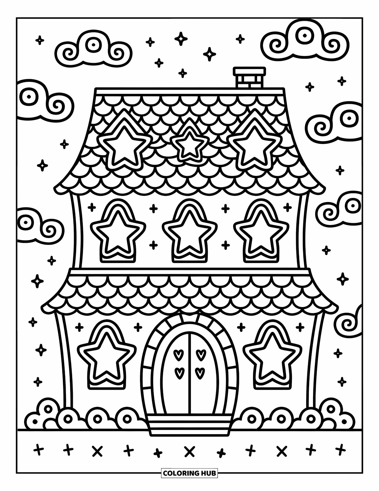 Haunted House Coloring Page for Adults: Two-story haunted house with star windows and a crescent archway
