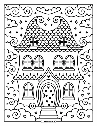 Haunted House Coloring Page for Adults: Whimsical house with tilted walls, scalloped shingles, and soft swirling clouds