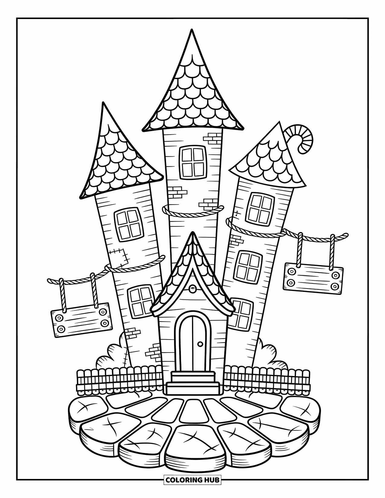 Haunted House Coloring Page for Adults: Whimsical towered house with patchy roofs and dangling wooden signs