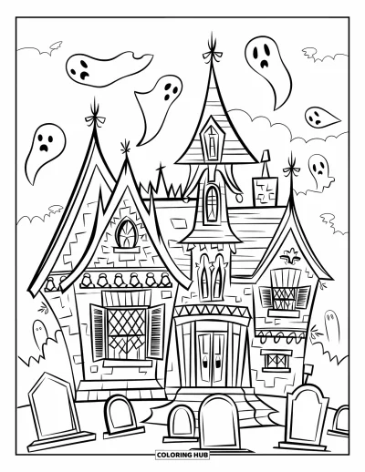Haunted House Coloring Page for Kids: Gothic haunted house with ghosts and tombstones under a dark sky