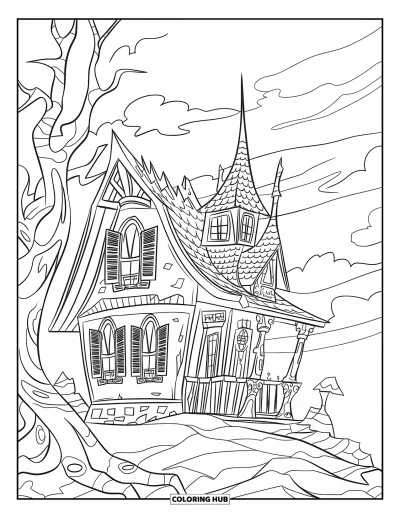 Haunted House Coloring Page for Kids: Gothic-style house with jagged shutters and twisted trees nearby