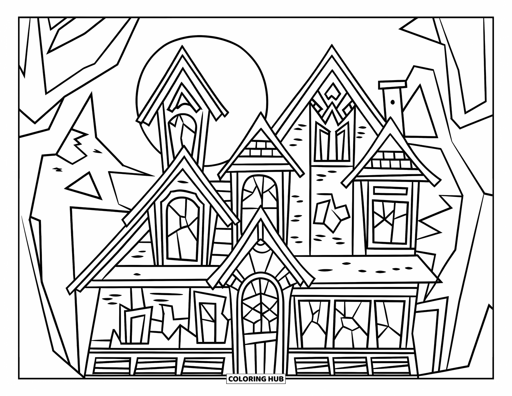 Haunted House Coloring Page for Kids: Haunted house in a dark forest with full moon and tree silhouettes