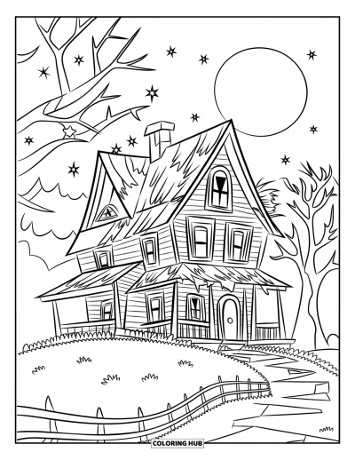 Haunted House Coloring Page for Kids: Haunted house on a hill with cracked siding, fence, and full moon