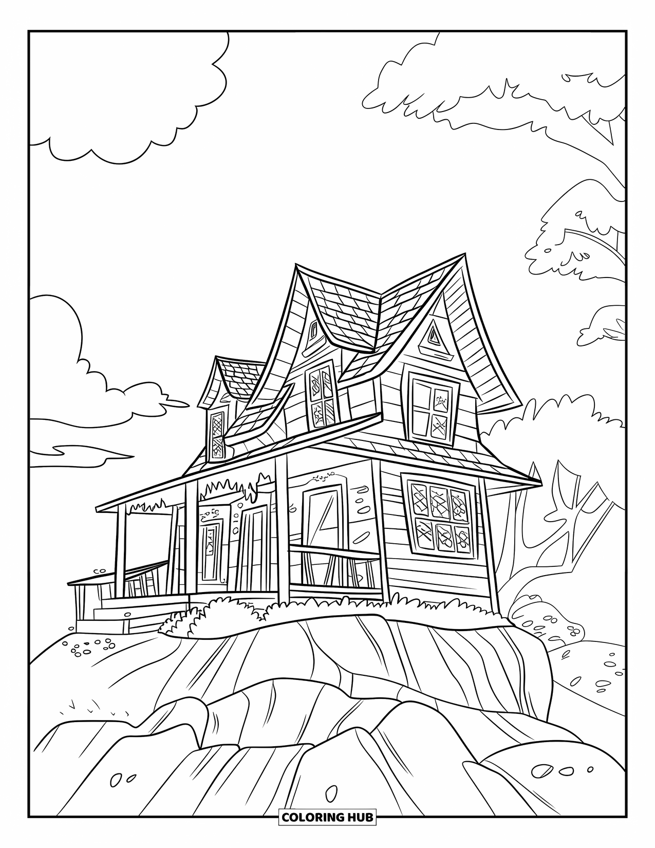 Haunted House Coloring Page for Kids: Haunted house on a rocky hill with old wood siding and cloudy sky