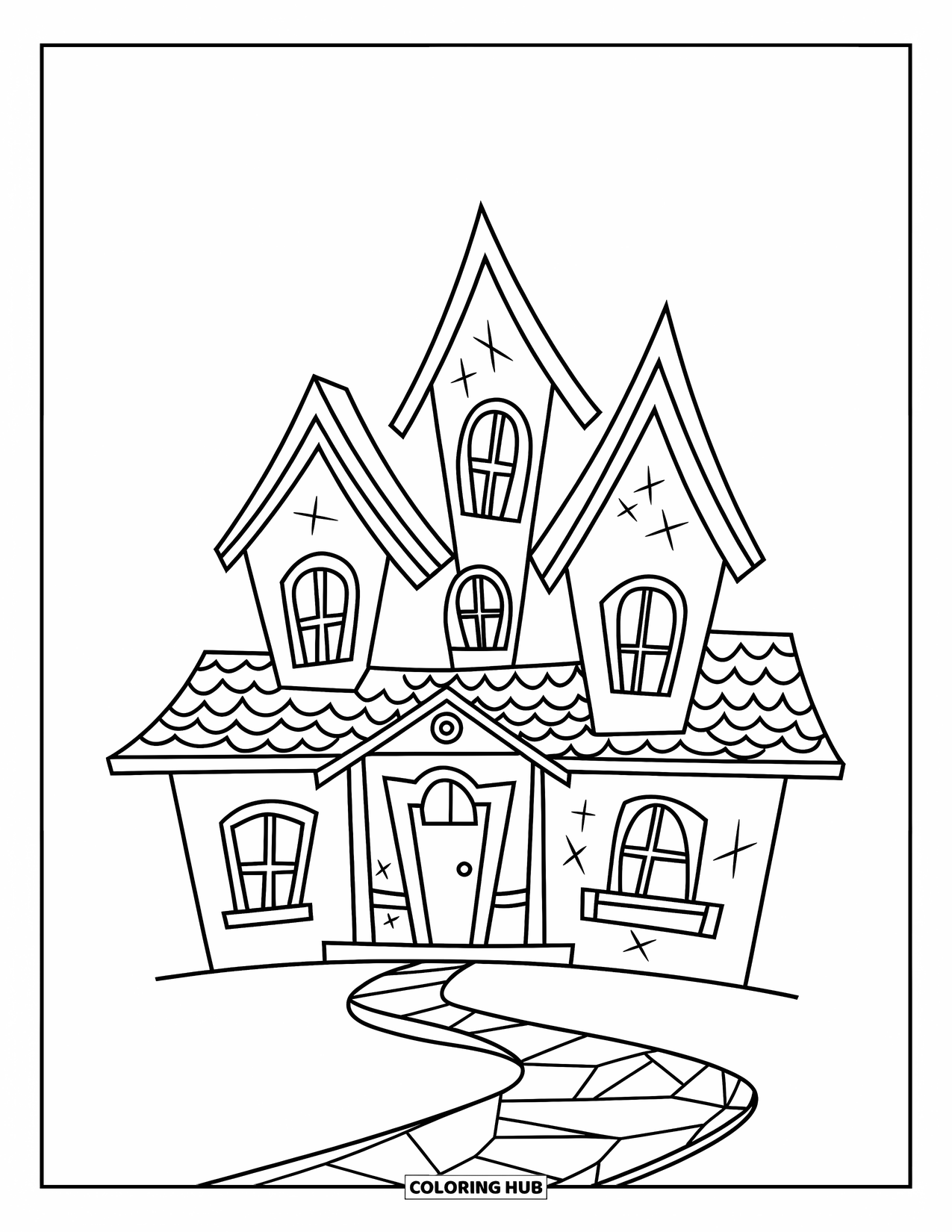 Haunted House Coloring Page for Kids: Haunted house with cracks and a curved path out front