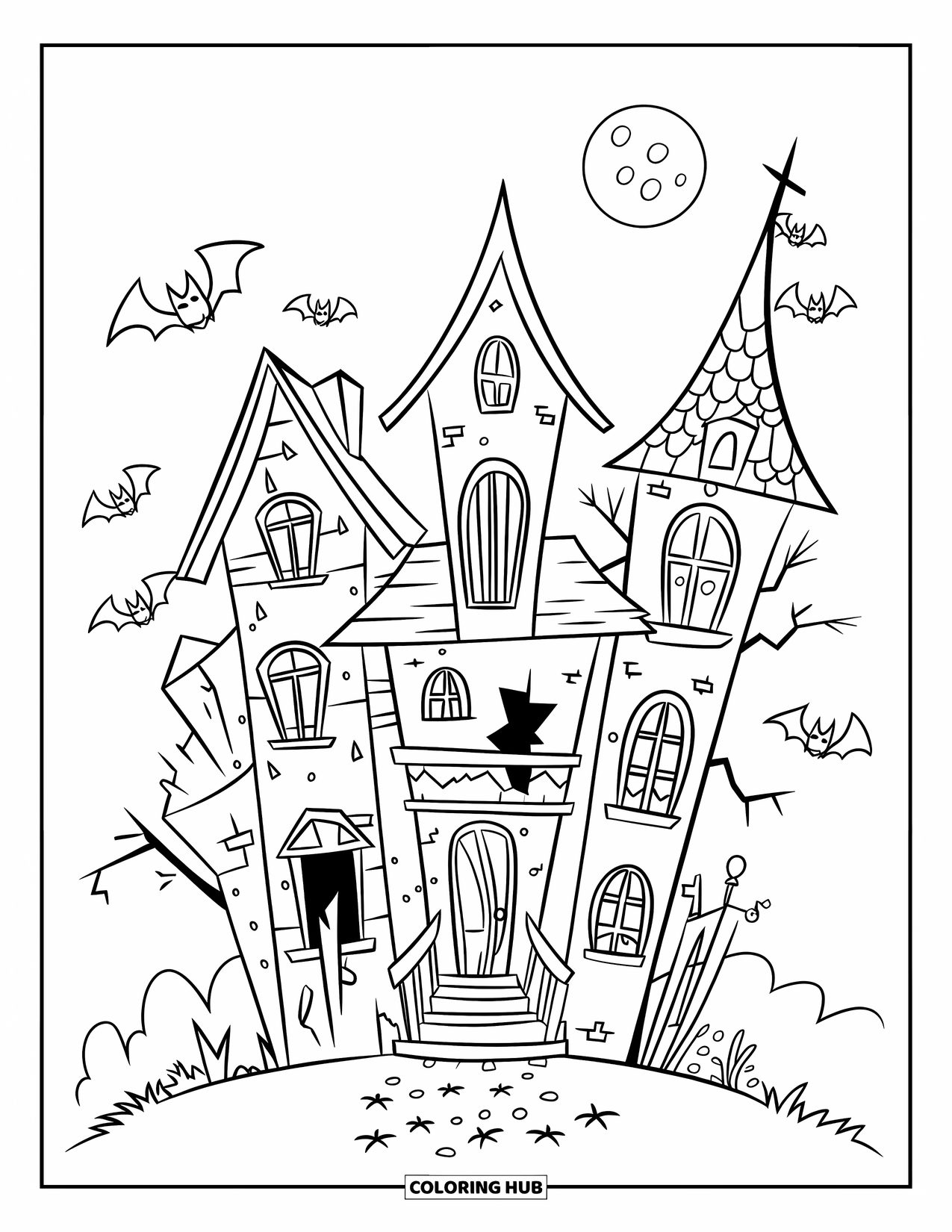 Haunted House Coloring Page for Kids: Haunted house with crooked towers, broken door, and bats flying around