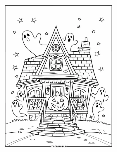 Haunted House Coloring Page for Kids: Haunted house with jack-o'-lantern, ghosts, and cobblestone steps
