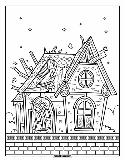 Haunted House Coloring Page for Kids: Haunted house with rotted panels and patterned windows under a starry sky