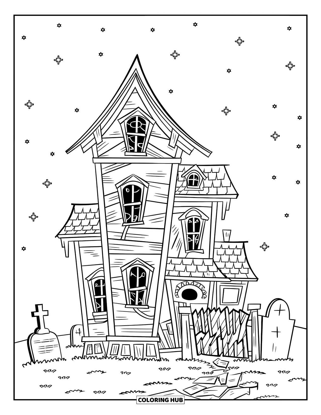 Haunted House Coloring Page for Kids: Haunted house with starry sky, tombstones, and tall spooky walls