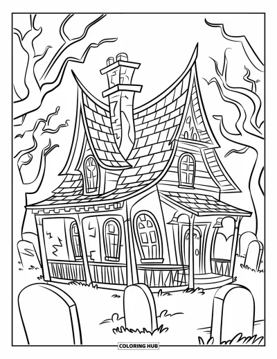 Haunted House Coloring Page for Kids: Haunted house with tombstones and twisted trees, full moon shining above