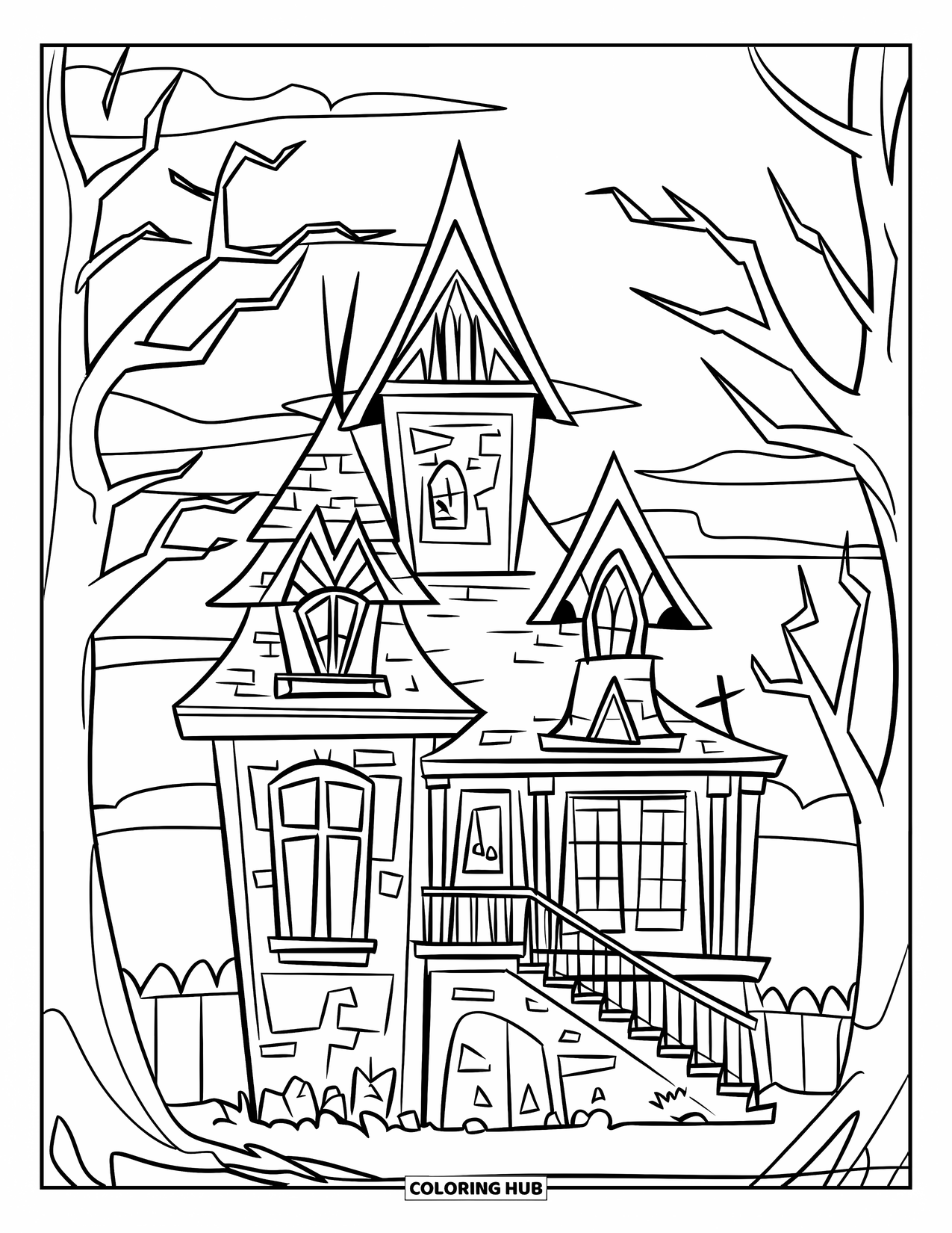 Haunted House Coloring Page for Kids: Haunted mansion with eerie trees, cracked stairs, and a dark sky
