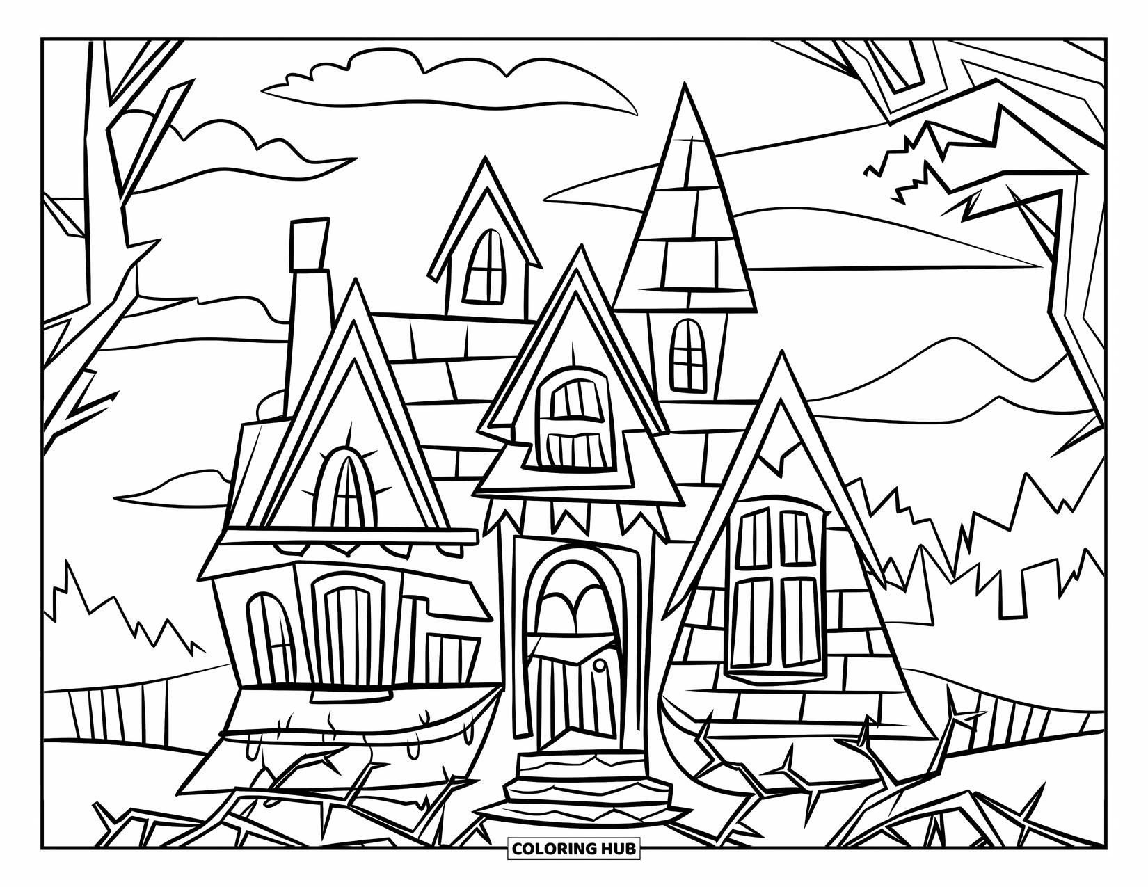 Haunted House Coloring Page for Kids: Pointed haunted house surrounded by thorny vines and dark clouds