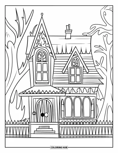 Haunted House Coloring Page for Kids: Pointy-roof house with two windows and trees all around