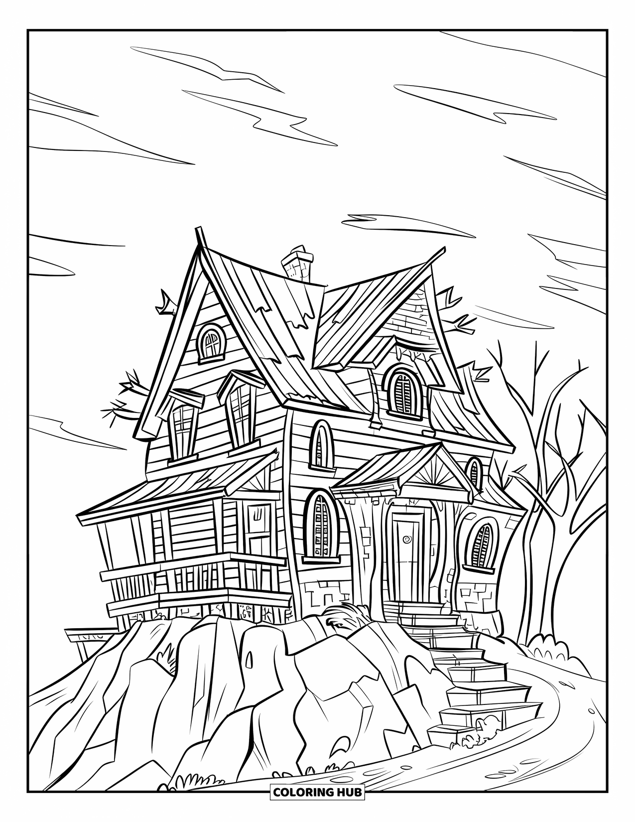 Haunted House Coloring Page for Kids: Rocky hilltop haunted house with weathered siding and steps