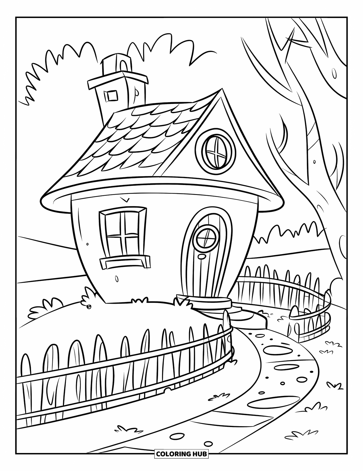 Haunted House Coloring Page for Kids: Round haunted house on a hill with trees and a quiet path
