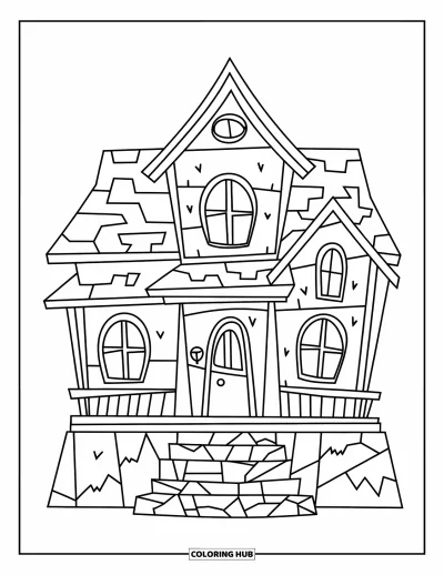 Haunted House Coloring Page for Kids: Simple haunted house with cracks and jagged windows, ready to color
