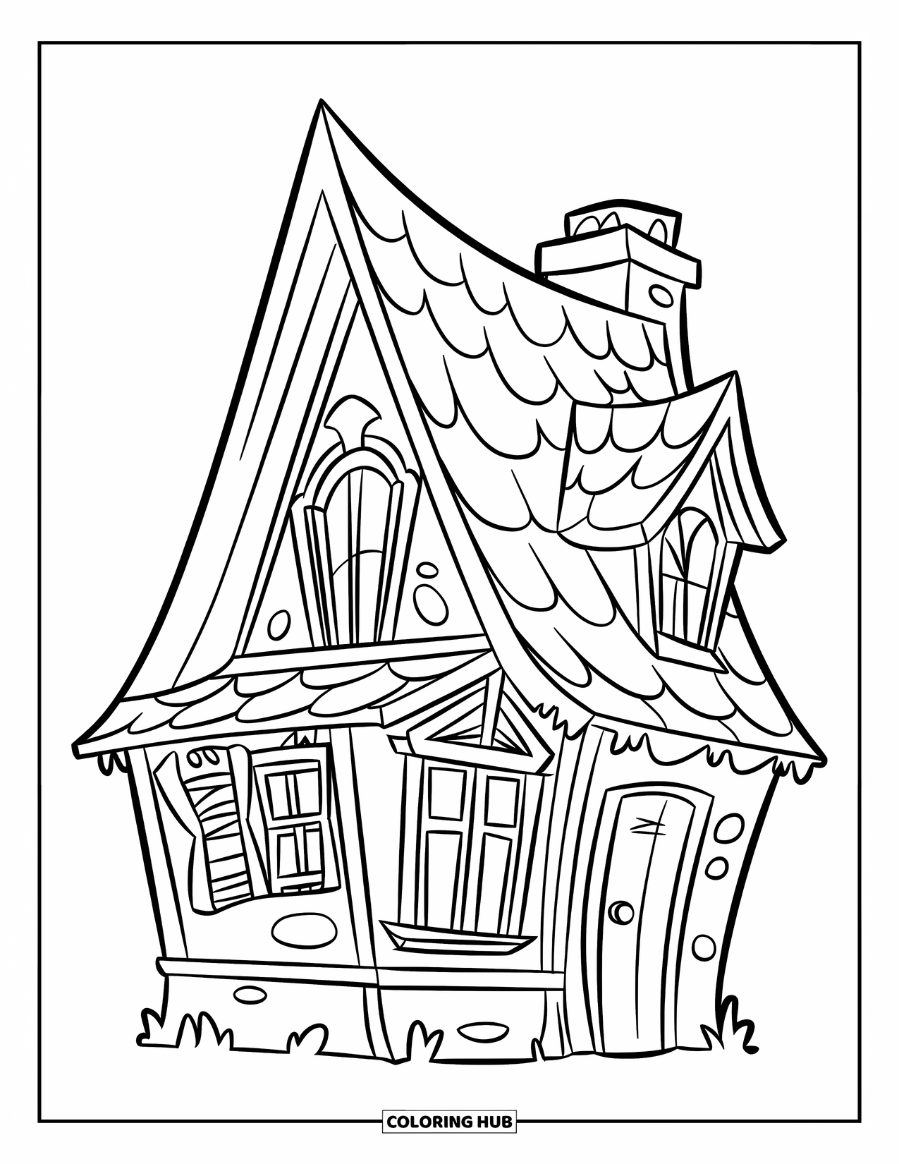 Haunted House Coloring Page for Kids: Simple triangle-roof house with bold lines and fun shapes