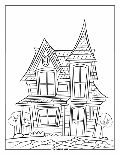 Haunted House Coloring Page for Kids: Slanted-roof haunted house surrounded by rocky hills and trees