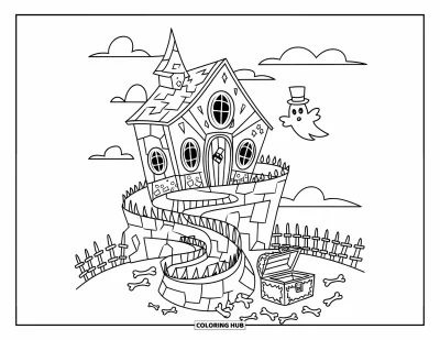 Haunted House Coloring Page for Kids: Spiral path winds past a top-hat ghost and bones near the house