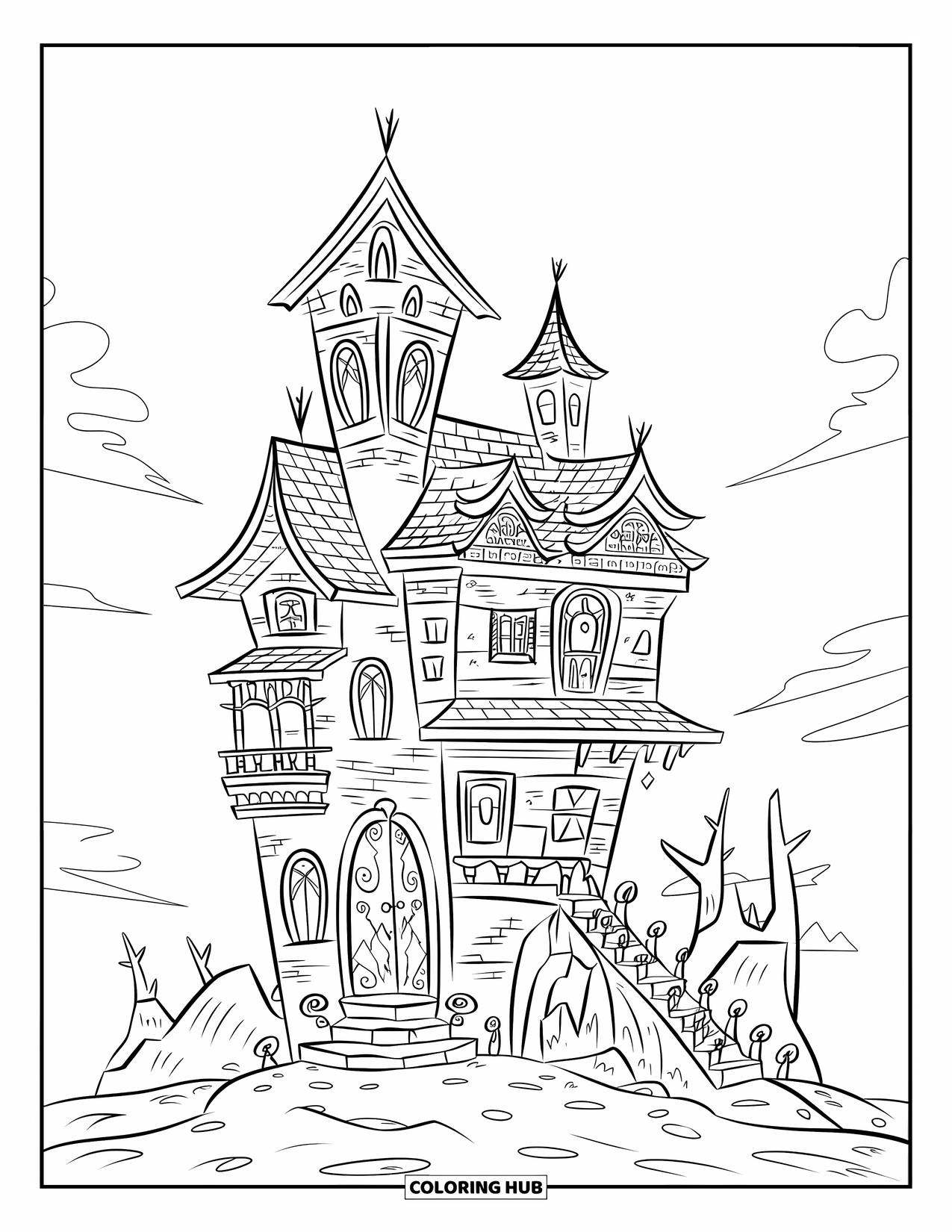 Haunted House Coloring Page for Kids: Spooky house with balconies and towers, sitting on rocky terrain