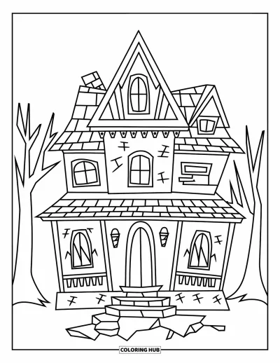 Haunted House Coloring Page for Kids: Spooky house with cracked steps and trees under a bright white sky