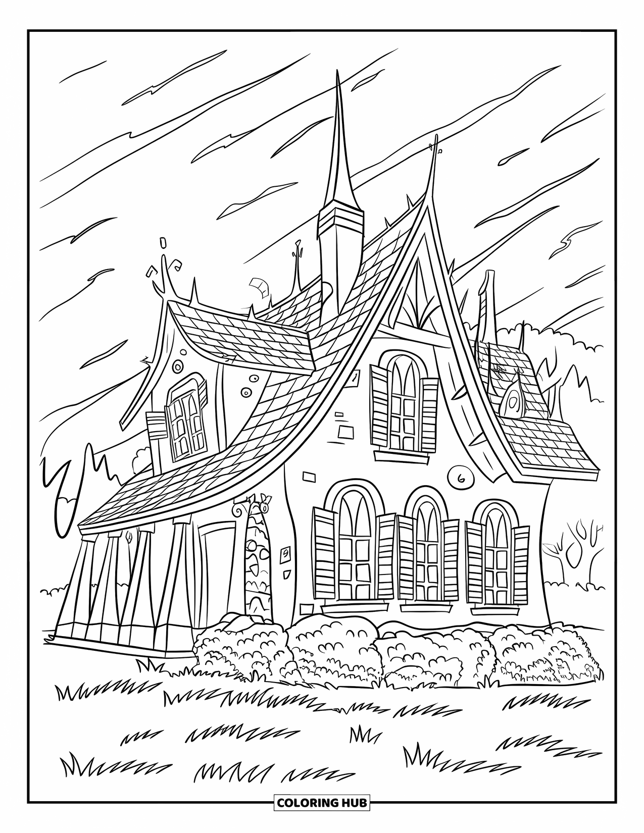 Haunted House Coloring Page for Kids: Spooky house with gothic spires, full moon, and grassy yard