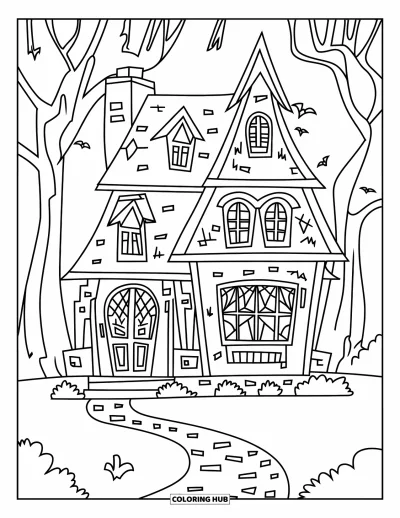 Haunted House Coloring Page for Kids: Spooky house with spiderwebs, windows, and a curved walkway