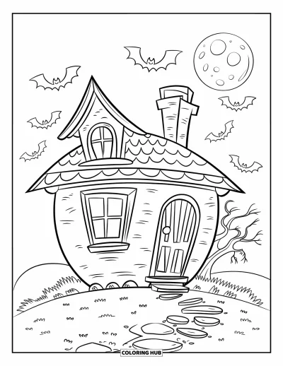 Haunted House Coloring Page for Kids: Spooky round house with bats flying and a big moon in the sky