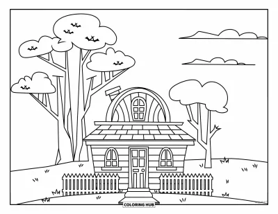 Haunted House Coloring Page for Kids: Stubby haunted house with two windows and tall trees nearby