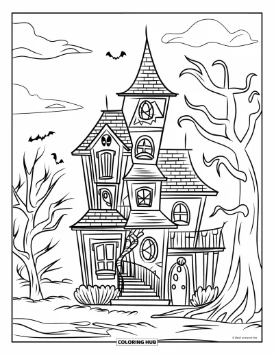 Haunted House Coloring Page for Kids: Towering house with many windows and cloudy sky behind