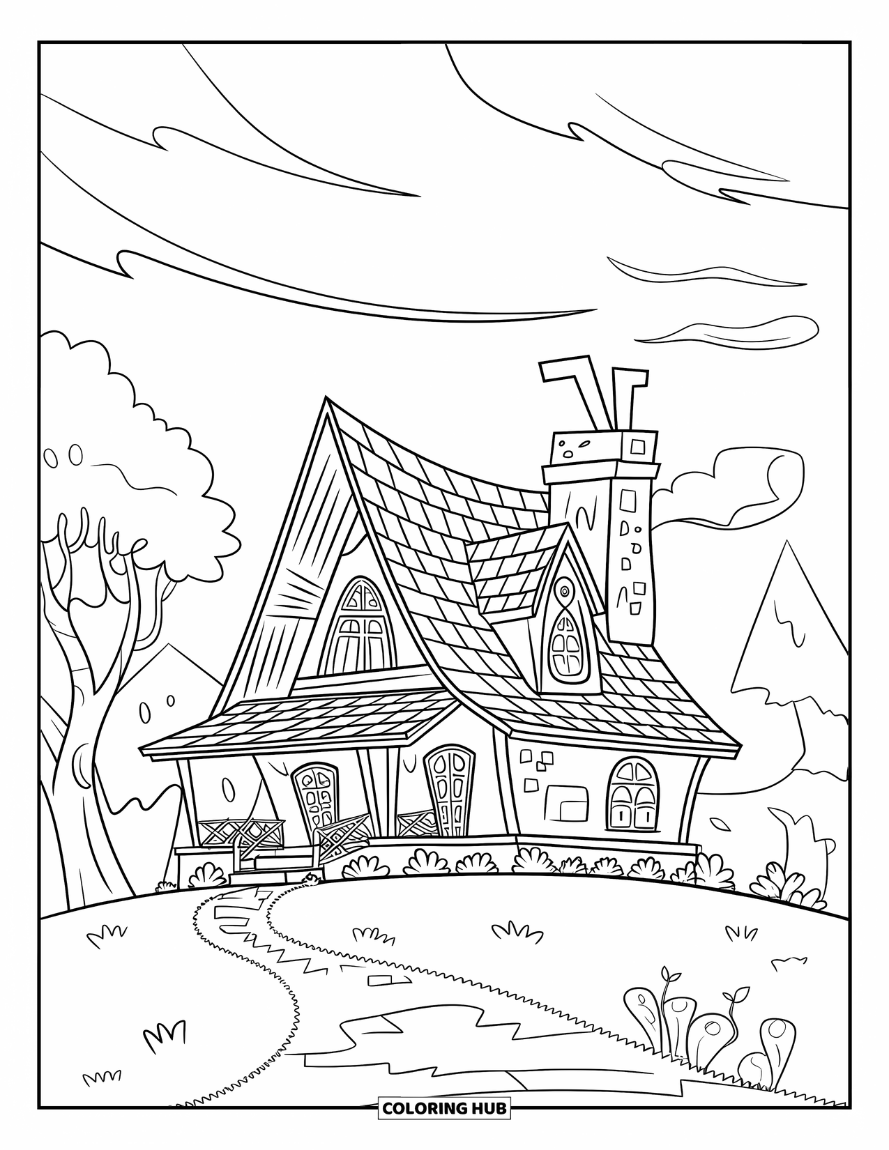 Haunted House Coloring Page for Kids: Triangle-roof haunted house on a hill with trees and mountains