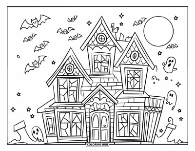 Haunted House Coloring Page for Kids: Wide haunted house with cracked windows, ghosts, bats, and a full moon above
