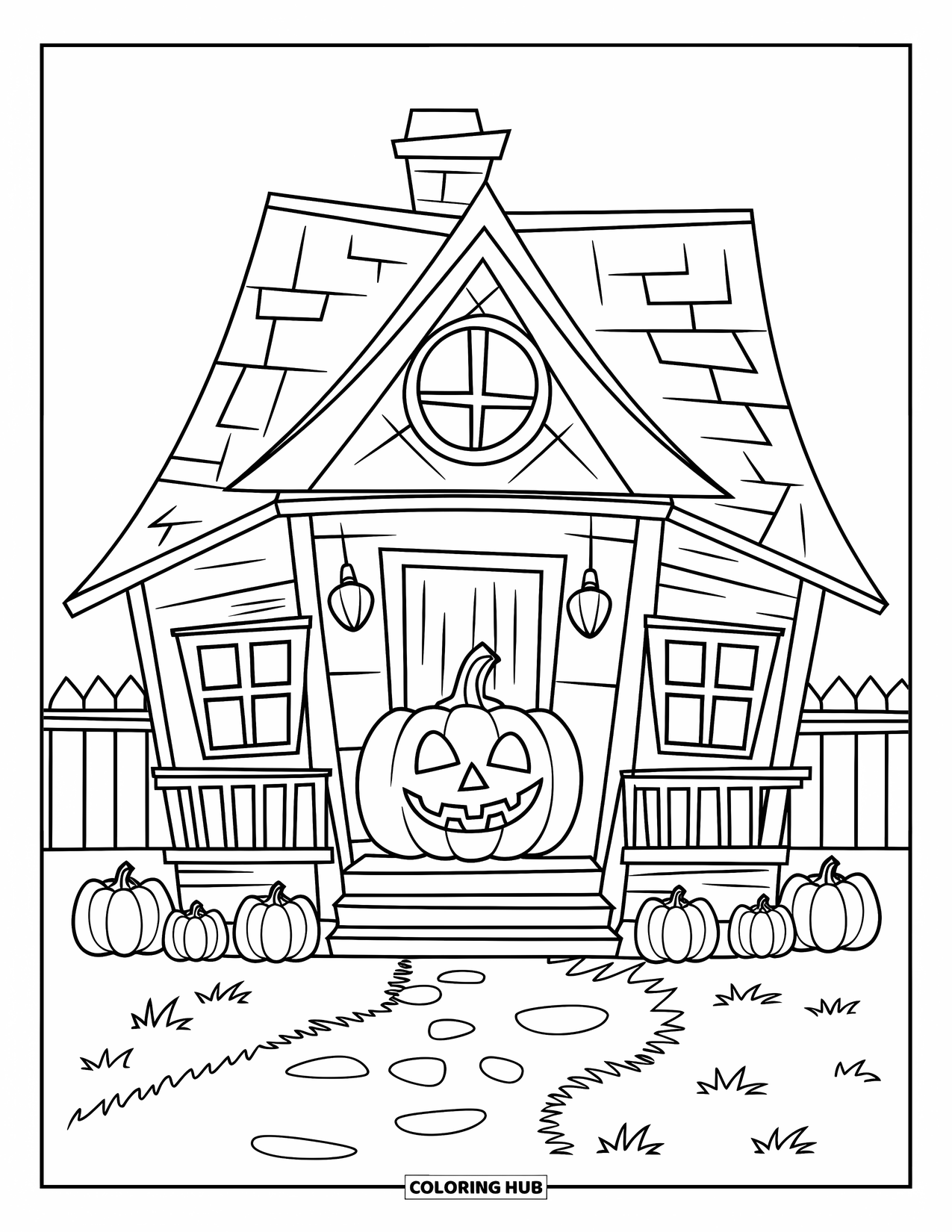 Haunted House Coloring Page for Kids: Wooden haunted house with a fence, pumpkins, and a cheerful vibe