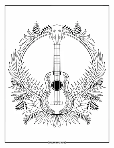 Coloriage Hawaï pour adultes : Un ukulélé finement détaillé repose à l'intérieur d'anneaux de mandala floraux