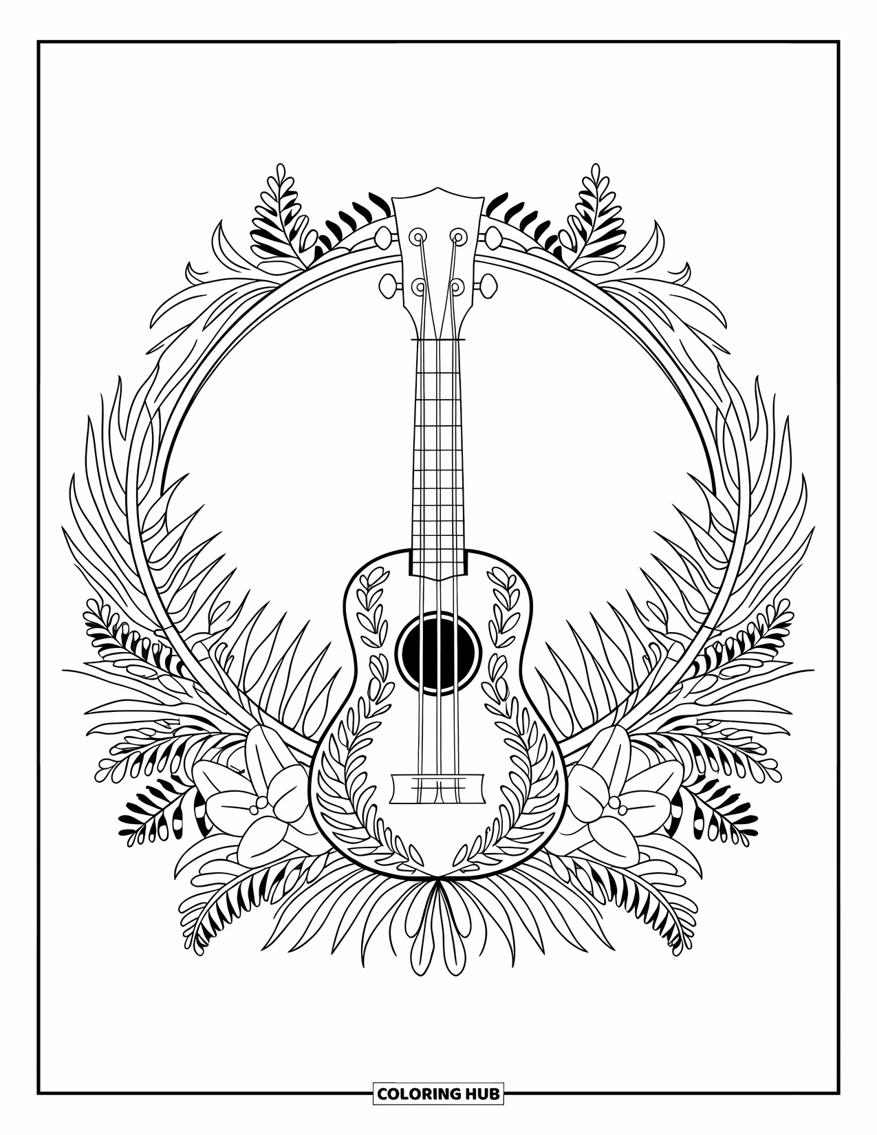 Hawaii Coloring Page for Adults: A beautifully detailed ukulele rests inside floral mandala rings